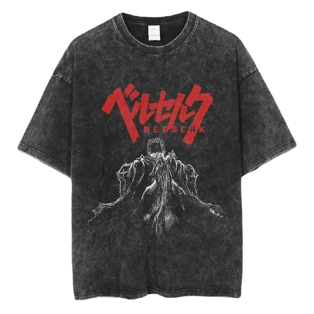 Anime Berserk Guts T-Shirt mit Vintage-Waschung – Version: Gesicht des Champs