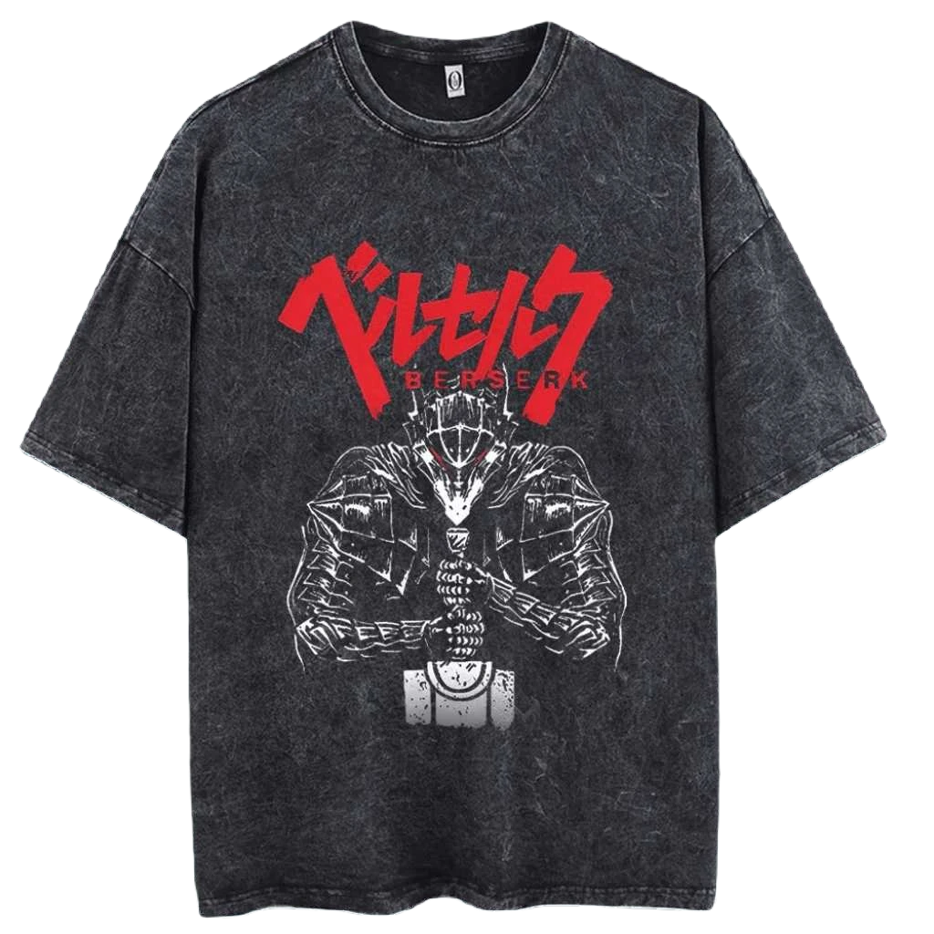 Anime Berserk Guts T-Shirt mit Vintage-Waschung – Version: Gesicht des Champs