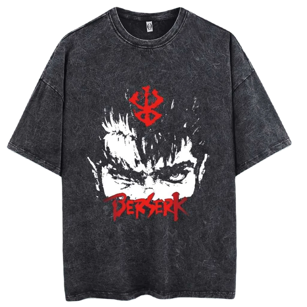 Anime Berserk Guts T-Shirt mit Vintage-Waschung – Version: Gesicht des Champs