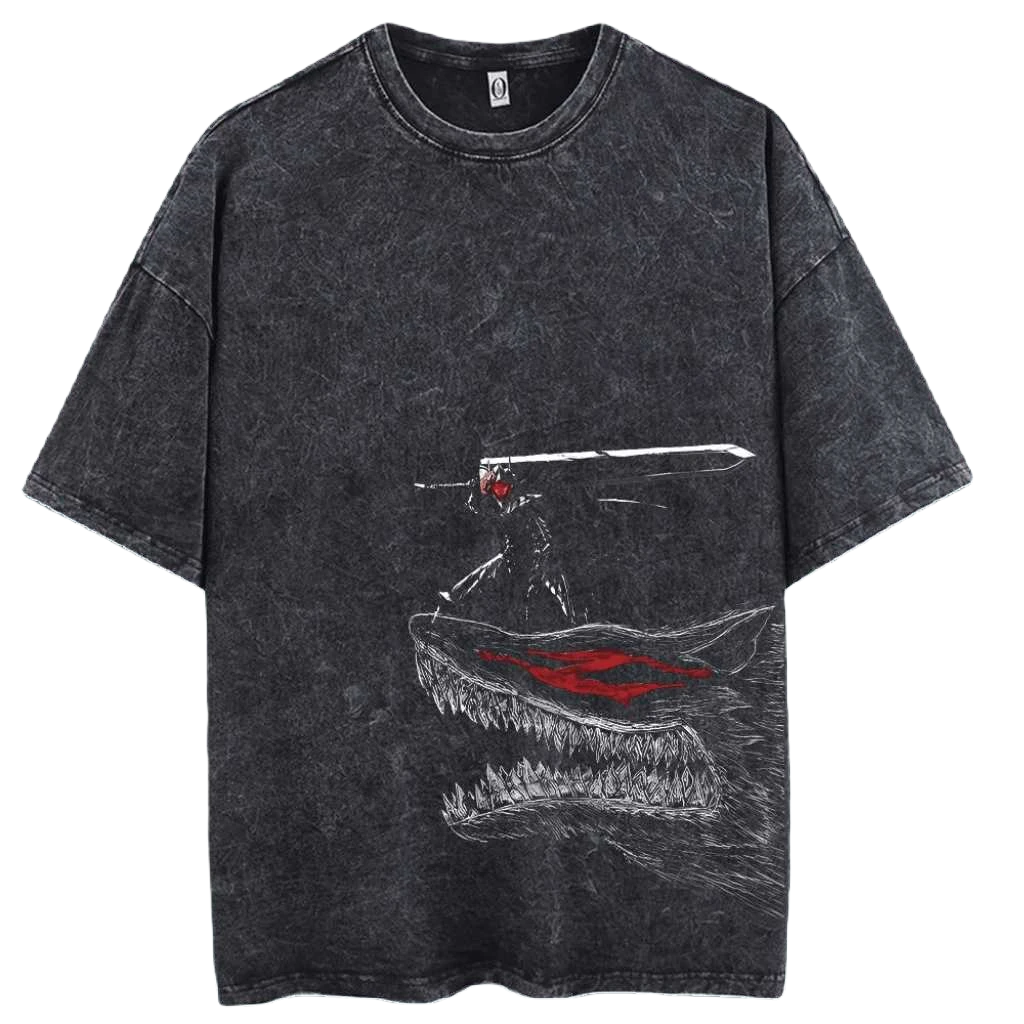Anime Berserk Guts T-Shirt mit Vintage-Waschung – Version: Gesicht des Champs