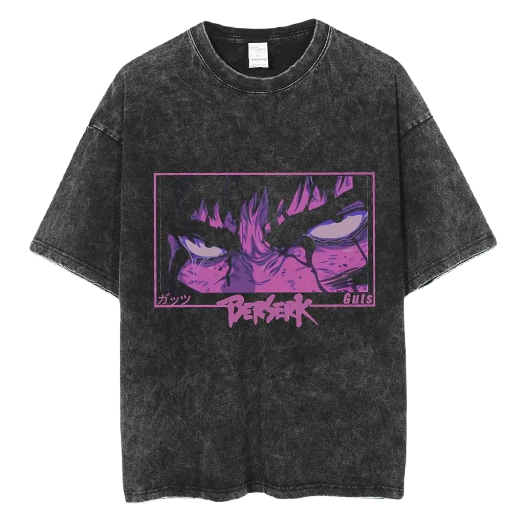 Anime Berserk Guts T-Shirt mit Vintage-Waschung – Version: Gesicht des Champs