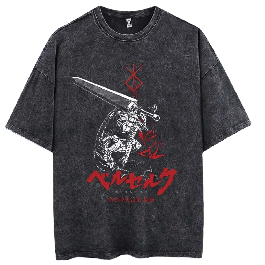Anime Berserk Guts T-Shirt mit Vintage-Waschung – Version: Gesicht des Champs