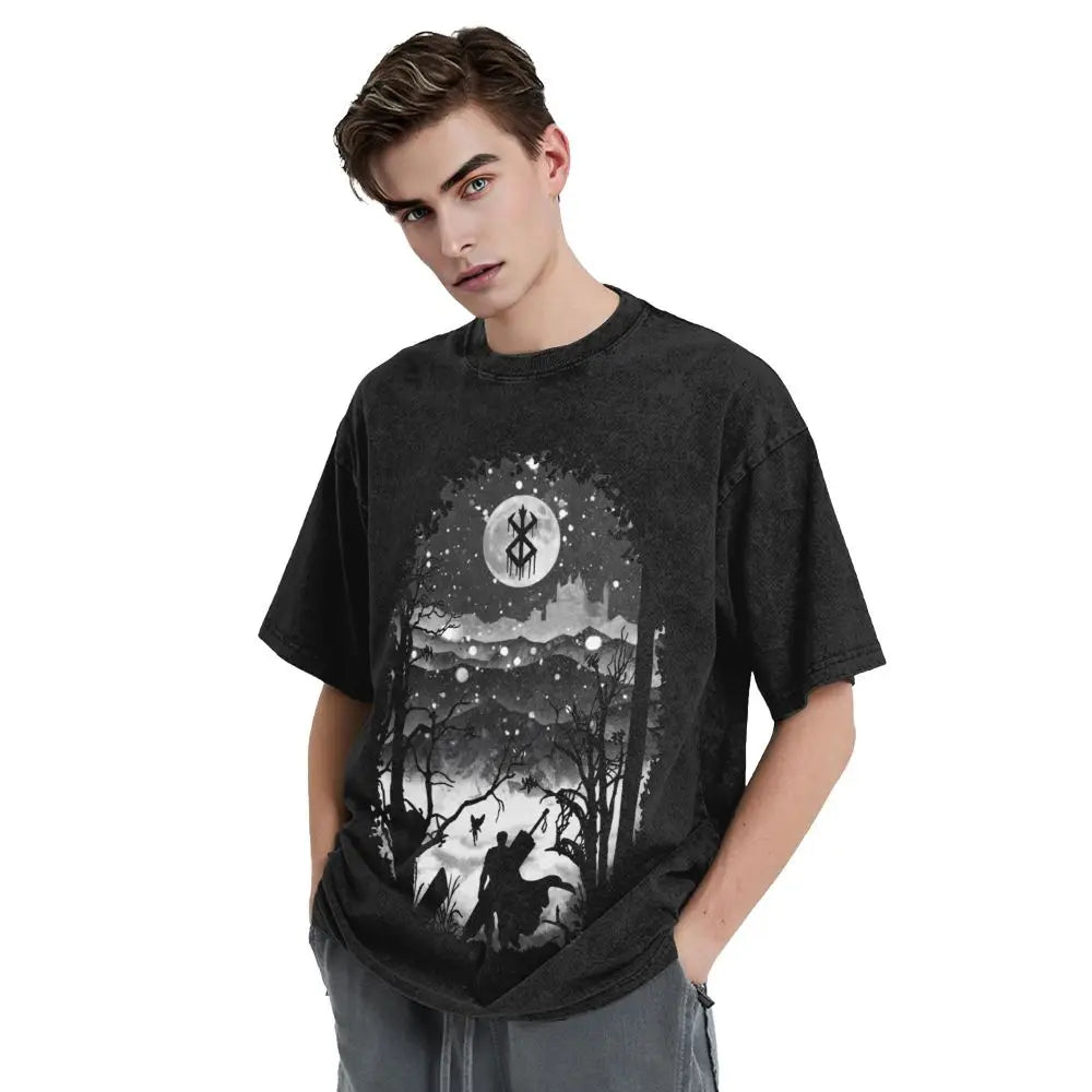 Anime Berserk Guts T-Shirt mit Vintage-Waschung – Version: Gesicht des Champs