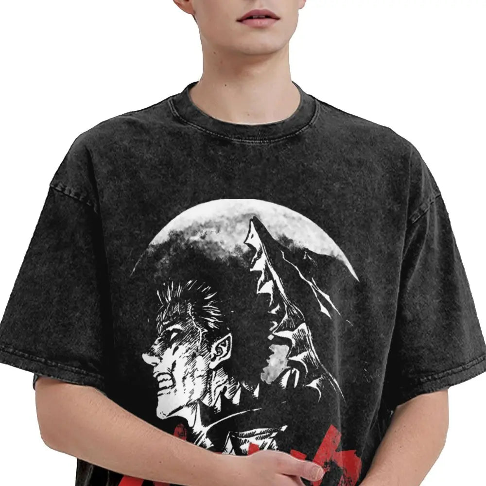Anime Berserk Guts T-Shirt mit Vintage-Waschung – Version: Gesicht des Champs