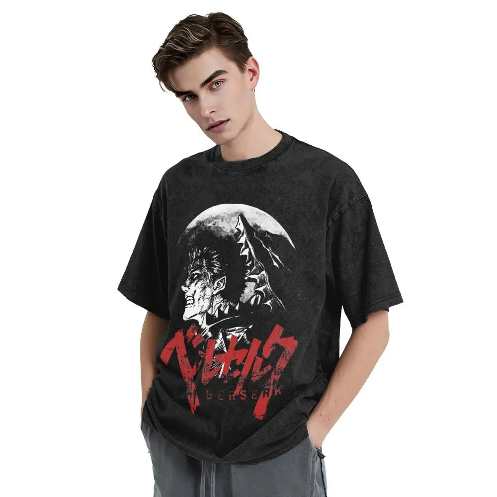 Anime Berserk Guts T-Shirt mit Vintage-Waschung – Version: Gesicht des Champs