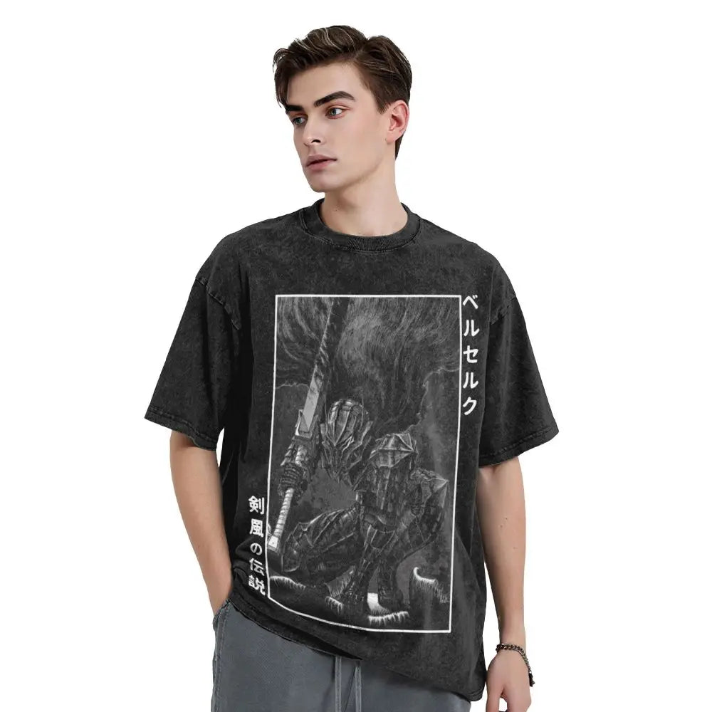 Anime Berserk Guts T-Shirt mit Vintage-Waschung – Version: Gesicht des Champs