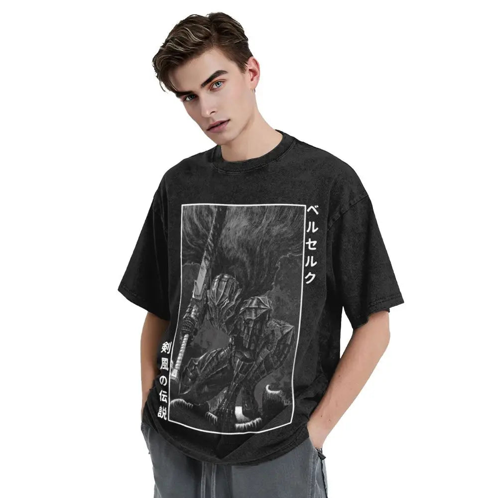 Anime Berserk Guts T-Shirt mit Vintage-Waschung – Version: Gesicht des Champs