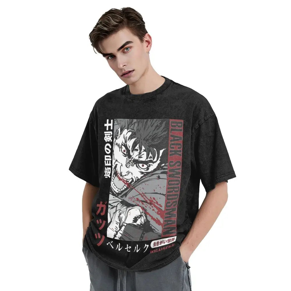 Anime Berserk Guts T-Shirt mit Vintage-Waschung – Version: Gesicht des Champs