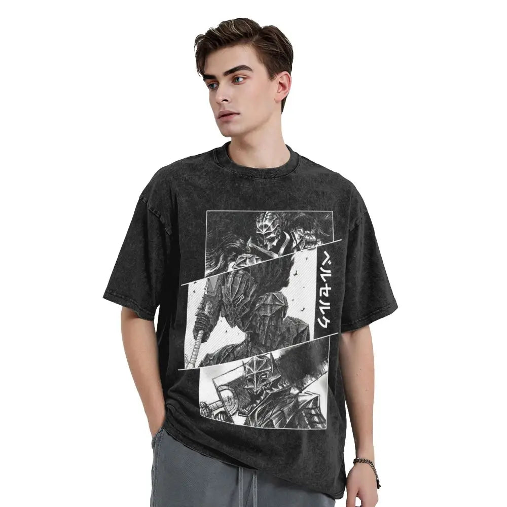 Anime Berserk Guts T-Shirt mit Vintage-Waschung – Version: Gesicht des Champs