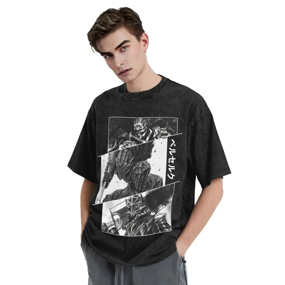 Anime Berserk Guts T-Shirt mit Vintage-Waschung – Version: Gesicht des Champs