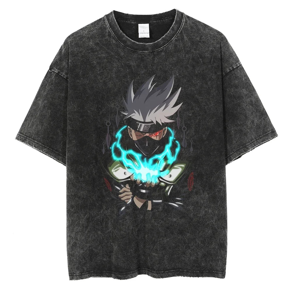 Naruto T-Shirt – Kakashi Anime Streetwear Harajuku – Vintage-Waschung